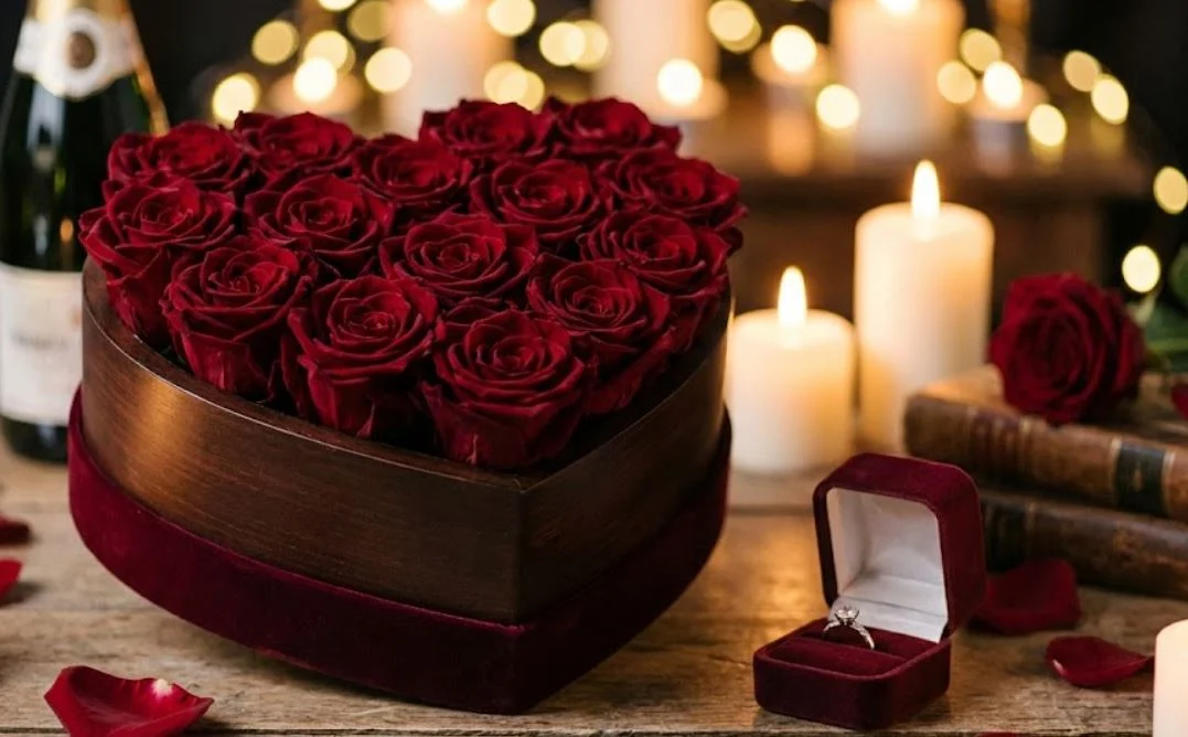 باکس گل لاکچری رز قرمز مناسب برای مراسم خواستگاری و مناسبت&zwnj;های عاشقانه.